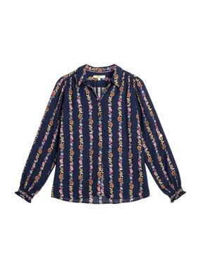 Boden Floral Button-Up Blouse Navy Stripe Print Smocked Women’s 6 US